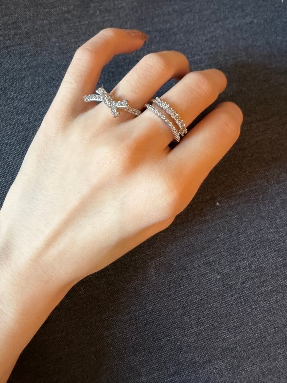 Silver Bow and Rhinestone Rings 2 Pieces - Picture 2 of 3